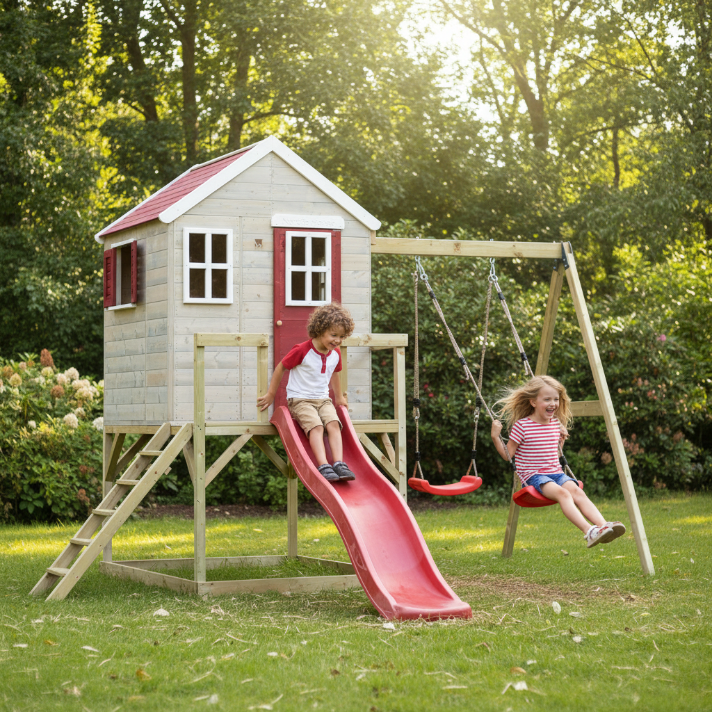 Bambini sull'altalena della casetta in legno My Lodge Red