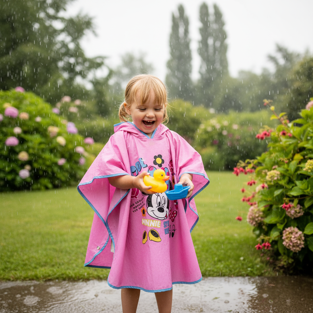Bambina gioca in giardino sotto la pioggia con impermeabile Minnie