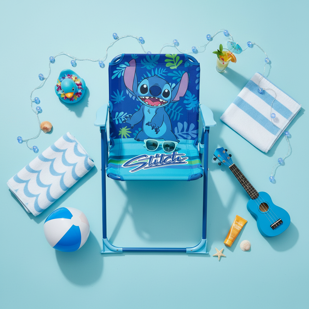 Sedia Stitch con accessori mare su sfondo blu