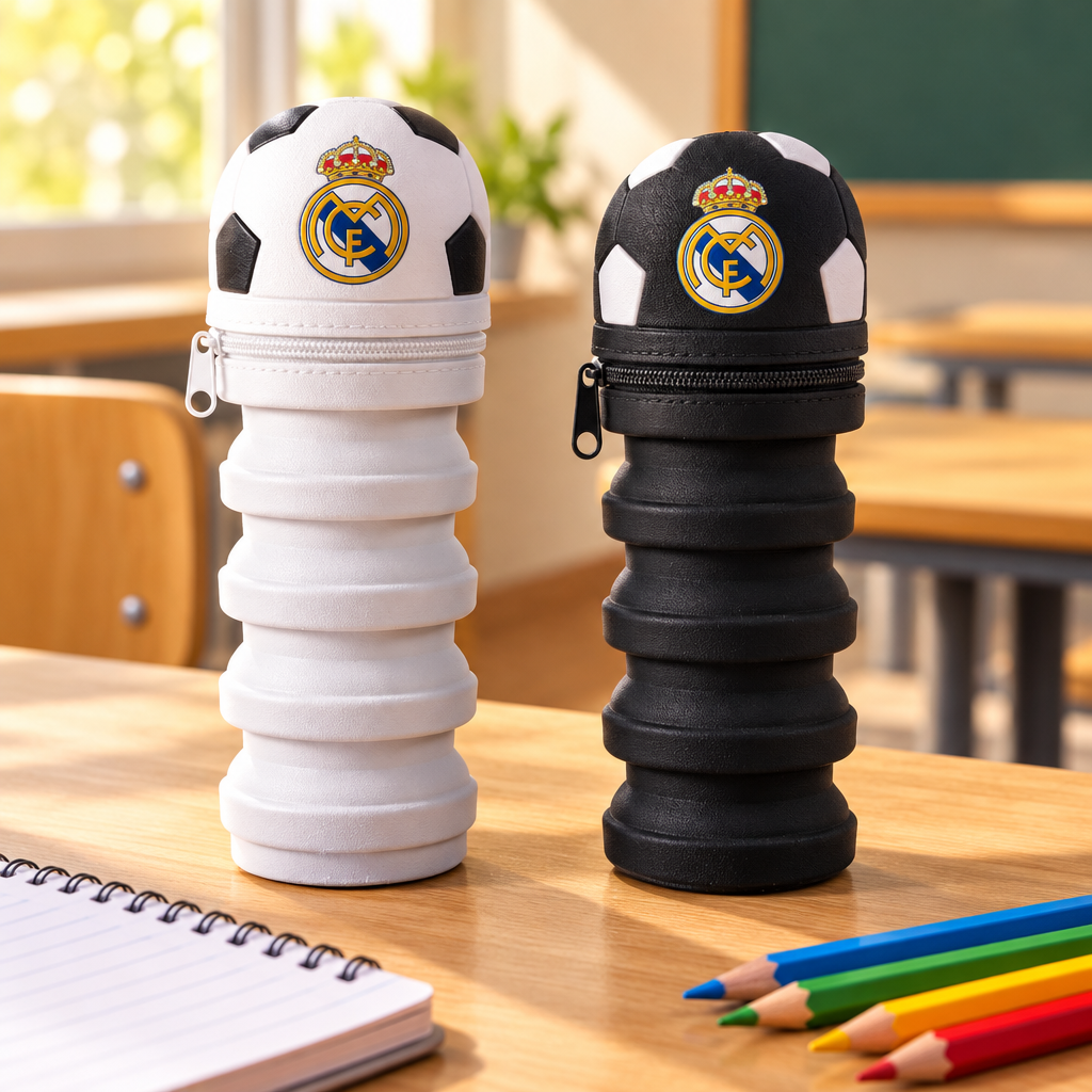 Astucci allungabili Real Madrid bianco e nero con quaderno e matite su un banco