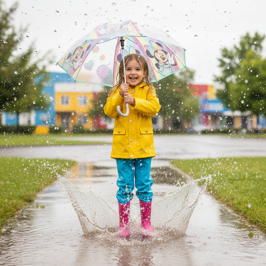 Bambina salta nelle pozzanghere con ombrello trasparente Minnie