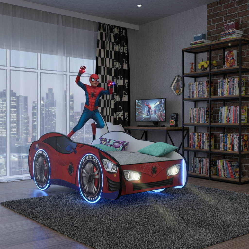 Letto Spider-Man rosso loft industriale fumetti urbano cool