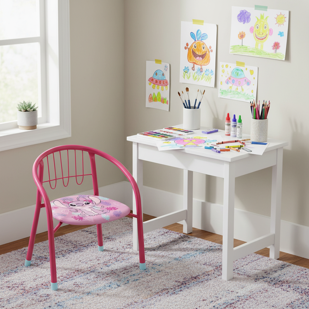 Sedia Lilo & Stitch vicino a scrivania con materiali artistici