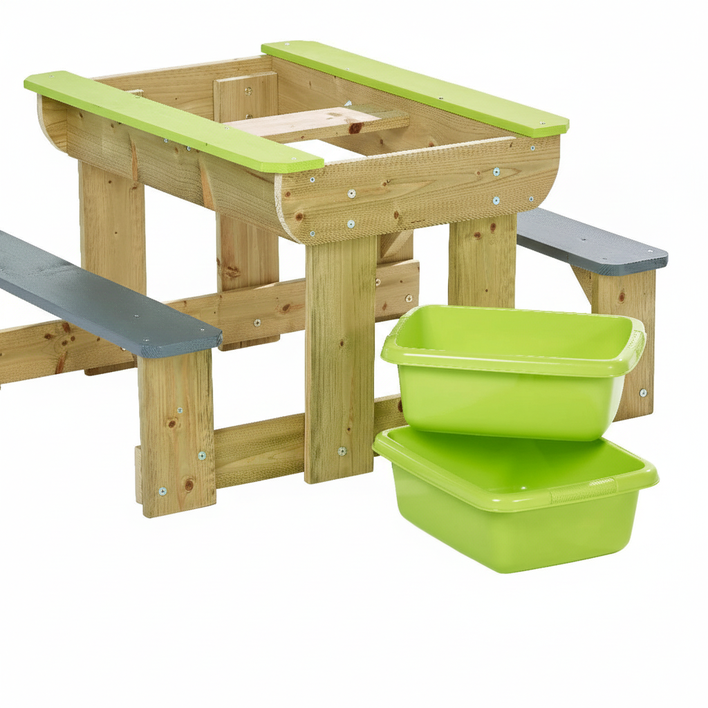 Dettaglio vasche verdi sabbiera e acqua tavolo da gioco in legno