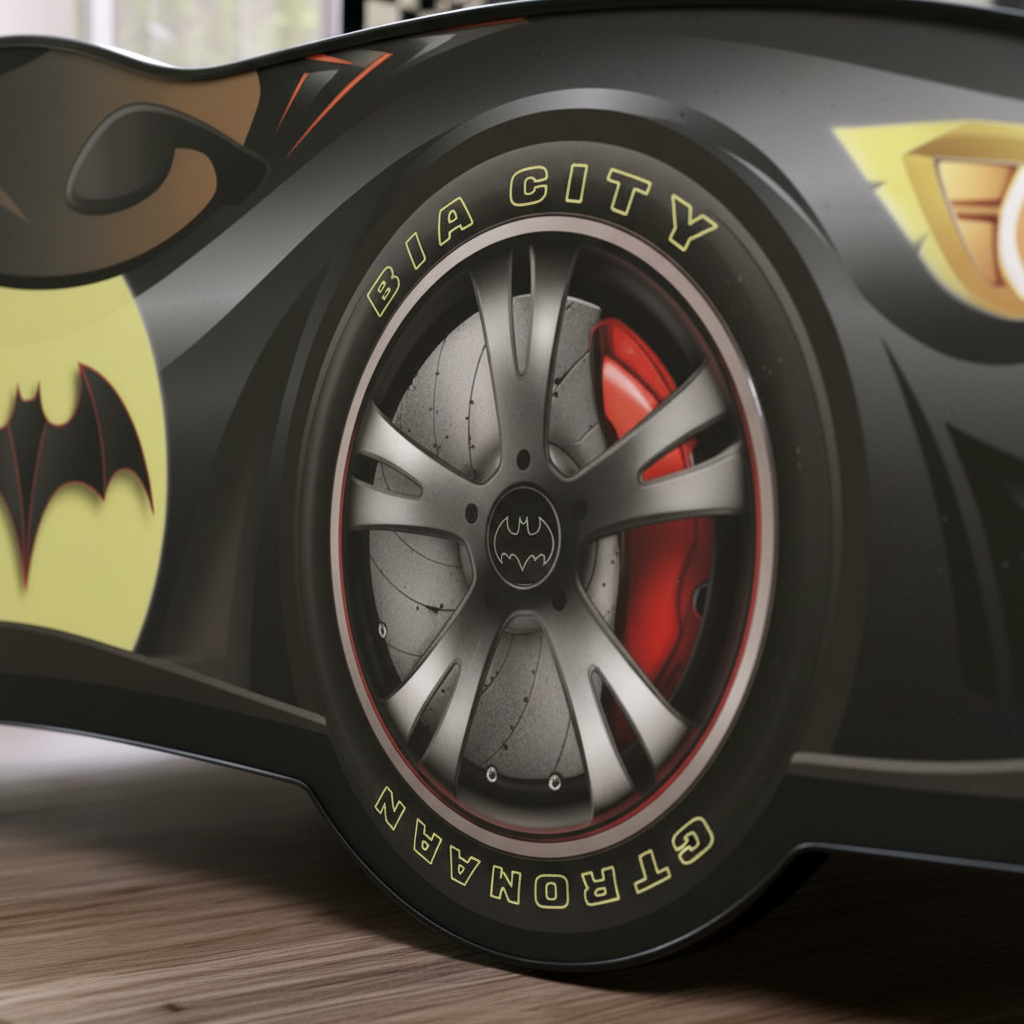 Zoom dettaglio ruote cerchi neri letto Batman