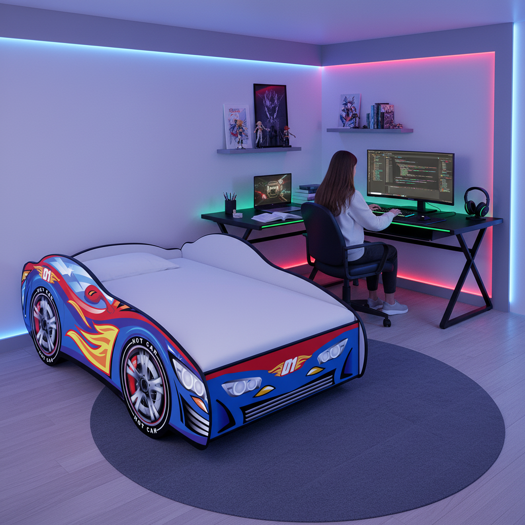 Letto Hotrace 01 cameretta gaming moderna LED setup tecnologico FOTOREALISTICO