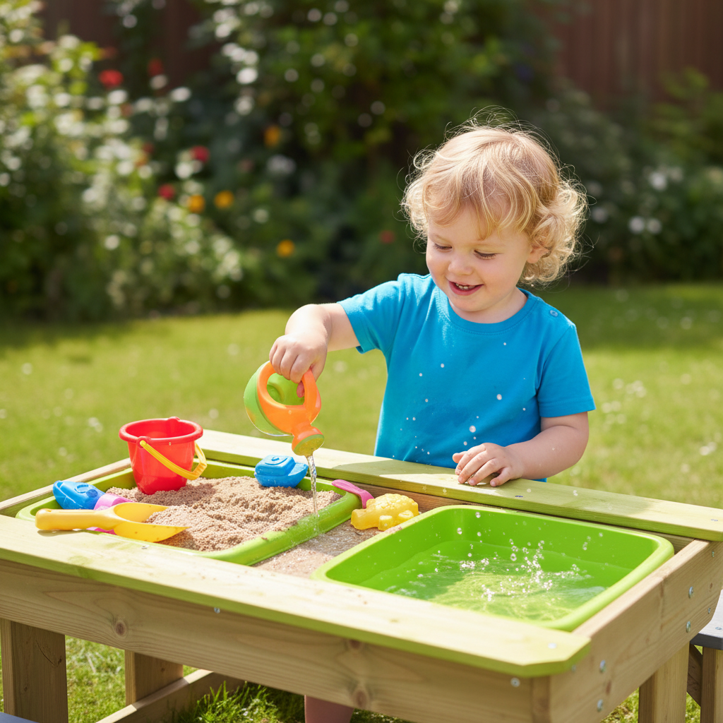 Bambina che gioca con sabbia e acqua al tavolo T2