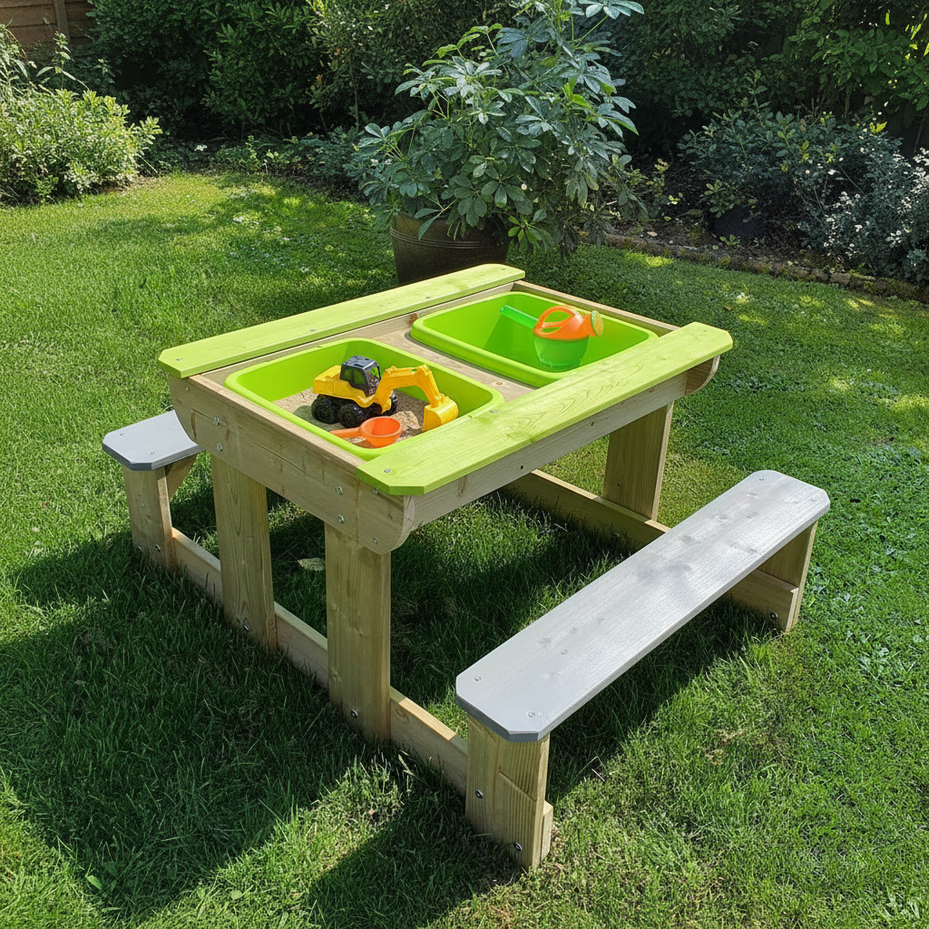 Tavolo picnic T2 in legno con vasche verdi e panche grigie