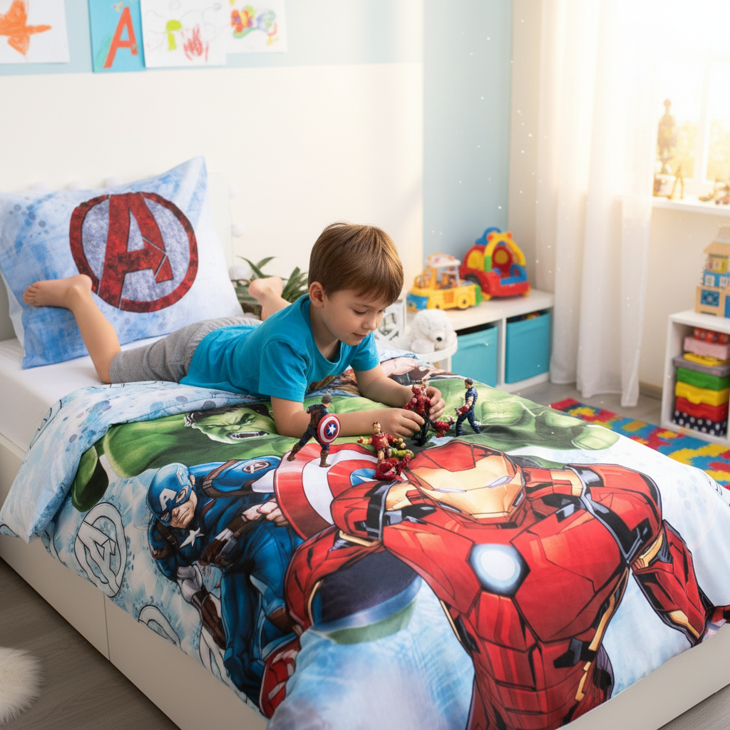 Bambino gioca con action figures Avengers sul letto doubleface