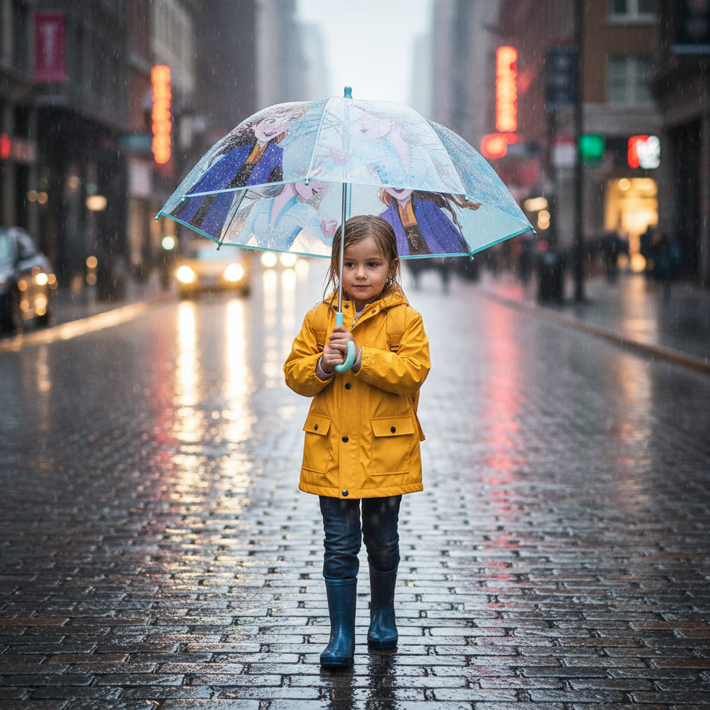 Bambina con ombrello Frozen trasparente cammina per strada piovosa