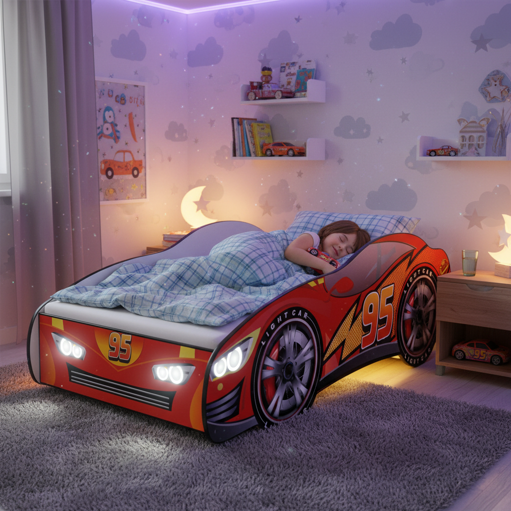 Bambino che dorme felice nel letto auto Cars 95 con luci LED accese