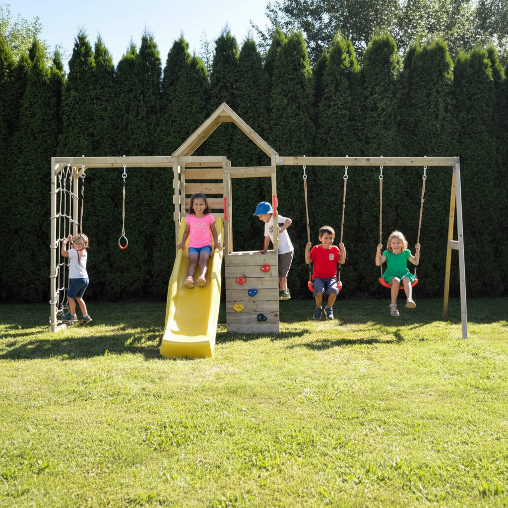 Bambini che giocano sul parco giochi M42 con scivolo giallo e altalene