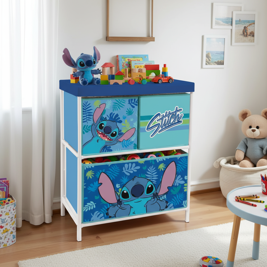 Contenitori Lilo & Stitch riempiti con giocattoli e libri