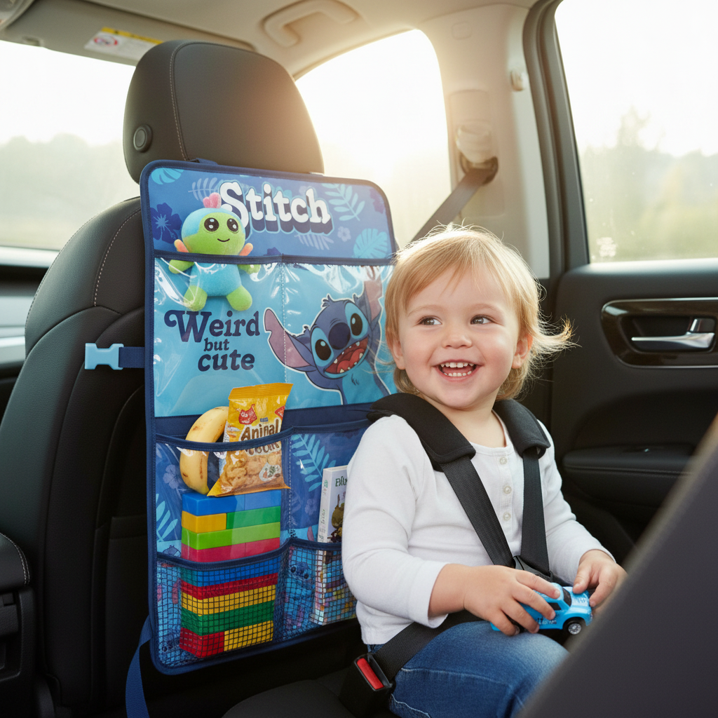 Bambino in auto con organizer Stitch accessibile