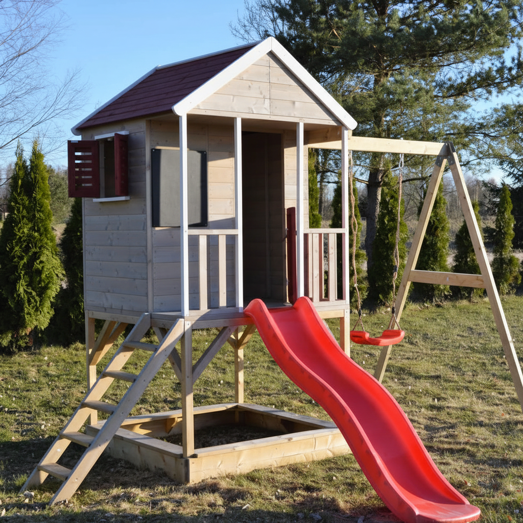 Vista frontale casetta M9 con tetto rosso e finiture bianche