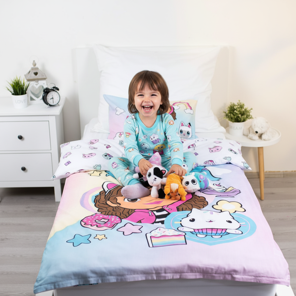 Bambino felice che gioca sul letto con copripiumino Gabby's Dollhouse