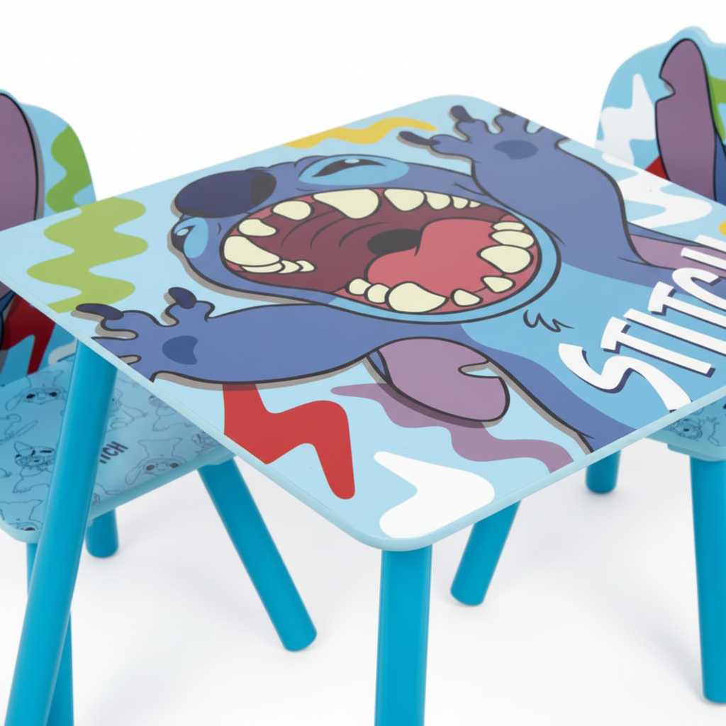 Dettaglio tavolo Stitch design grafica colorata