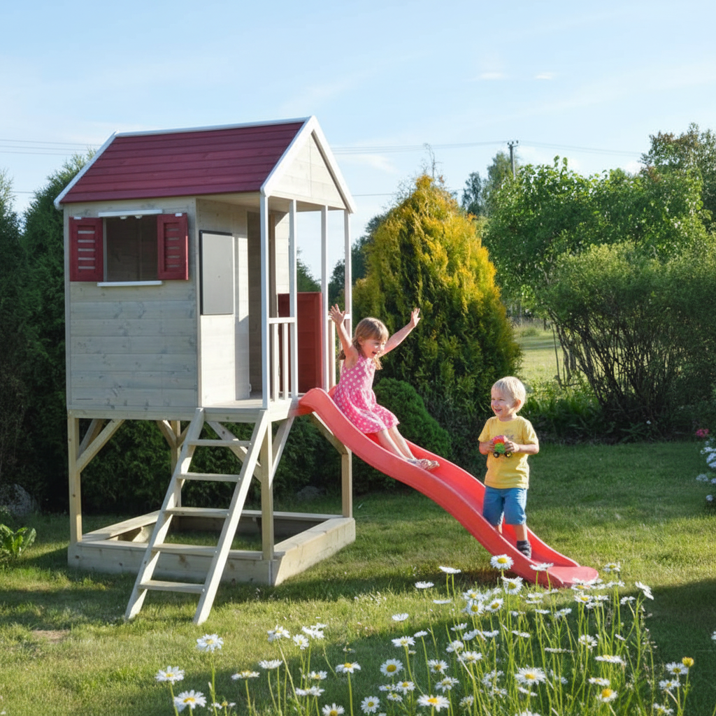 Casetta in legno per bambini con tetto rosso in giardino estivo