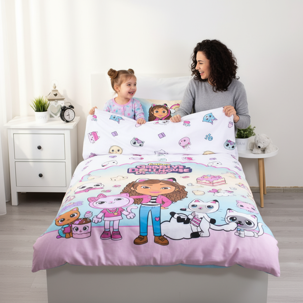 Mamma e bambina sistemano letto con set Gabby's Dollhouse