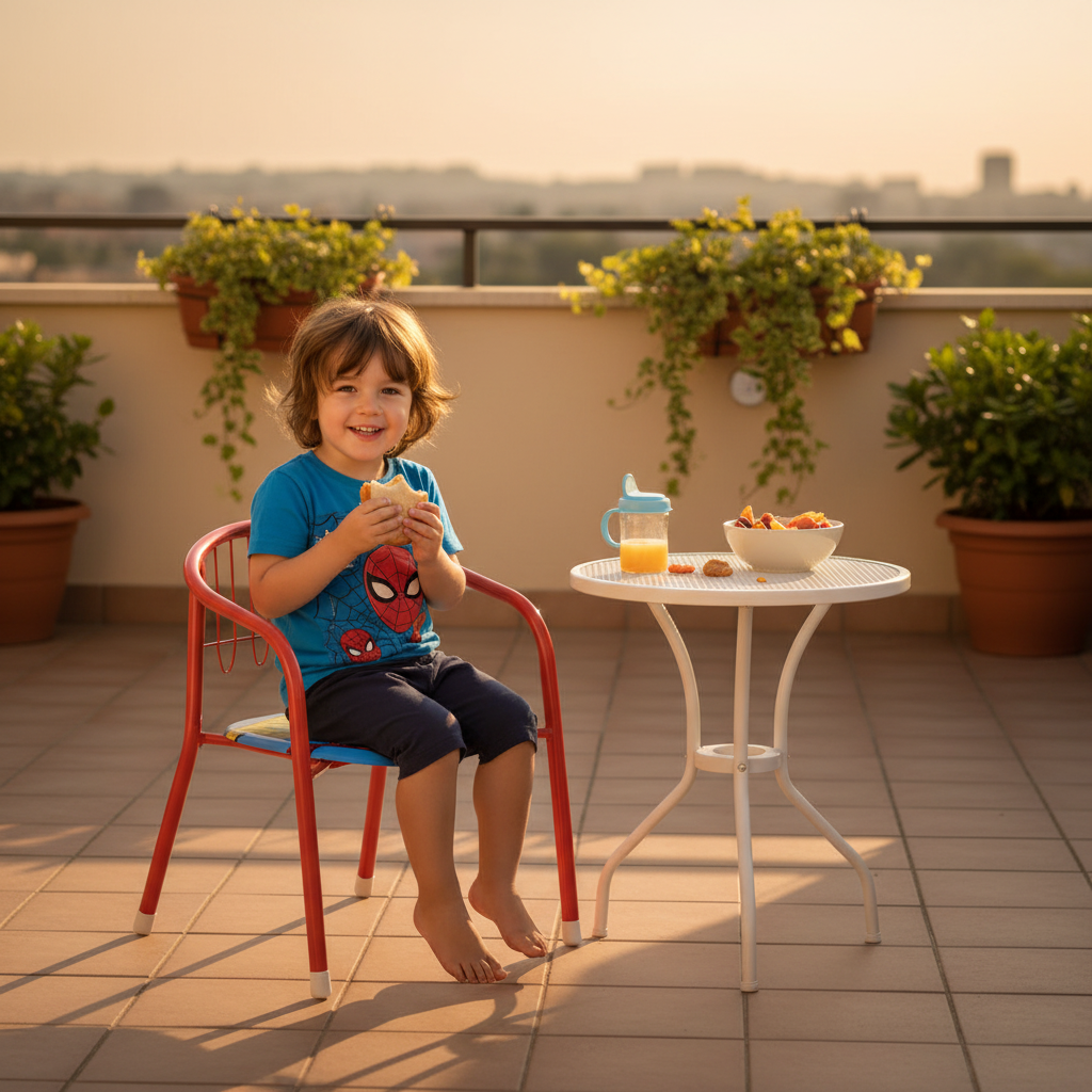 Sedia Spider-Man su terrazzo con bambino che fa merenda