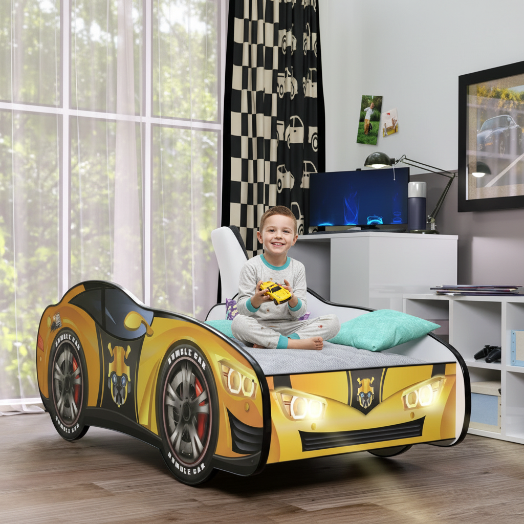 Letto Transformer giallo LED cameretta moderna bambino felice gioca