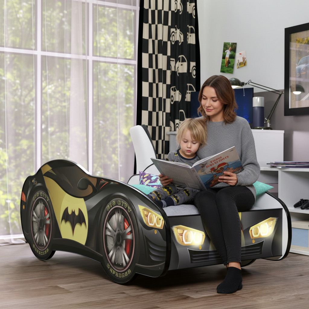 Genitore legge storia buonanotte bambino letto Batman LED