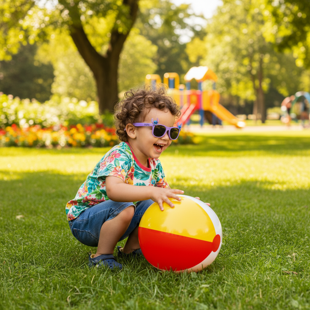 Bambino con occhiali Lilo & Stitch viola gioca al parco