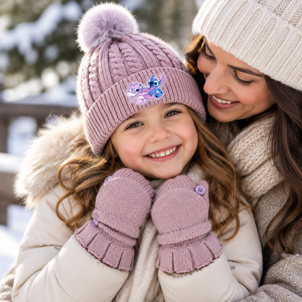 Bambino indossa gli accessori invernali Stitch durante un momento in famiglia all'aperto.