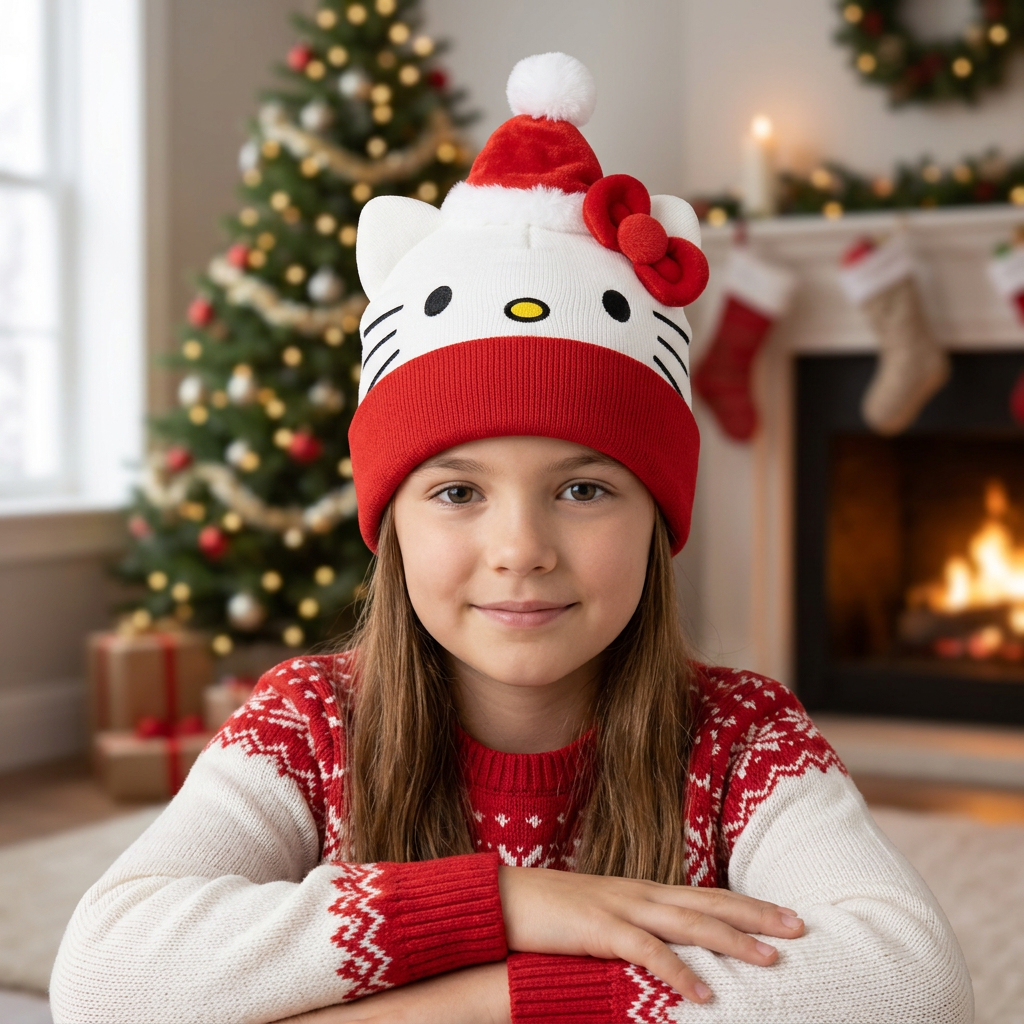 Cappello Hello Kitty bianco e rosso con pompon, ritratto lifestyle