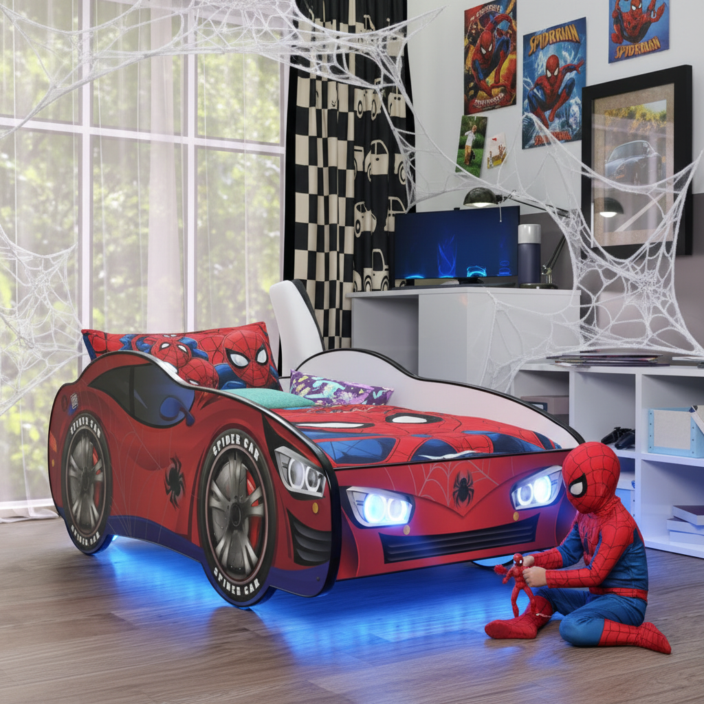 Letto Spider-Man LED cameretta supereroi poster ragnatele decorazioni