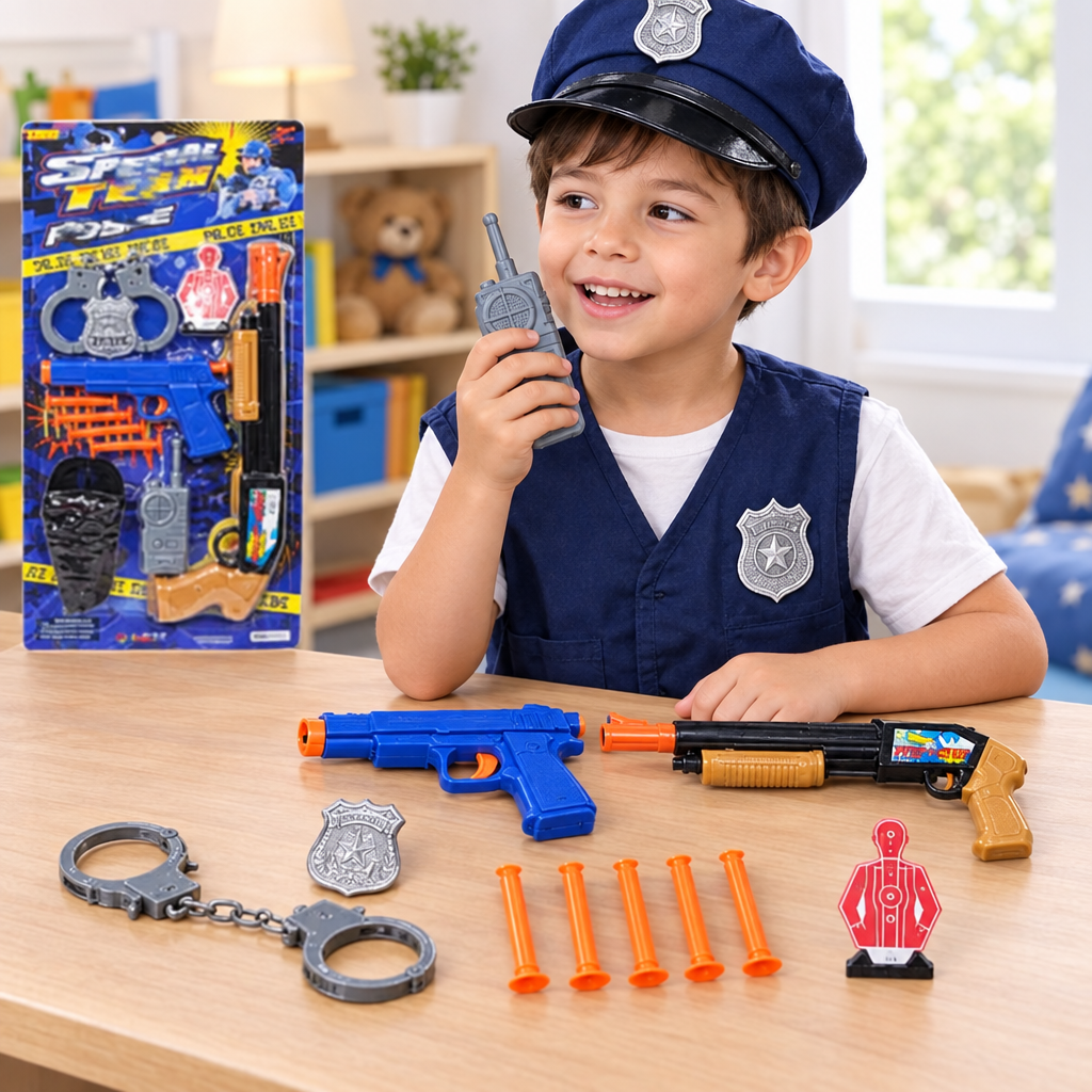 Bambino che gioca con il walkie-talkie del set polizia; gli accessori sono disposti sul tavolo.