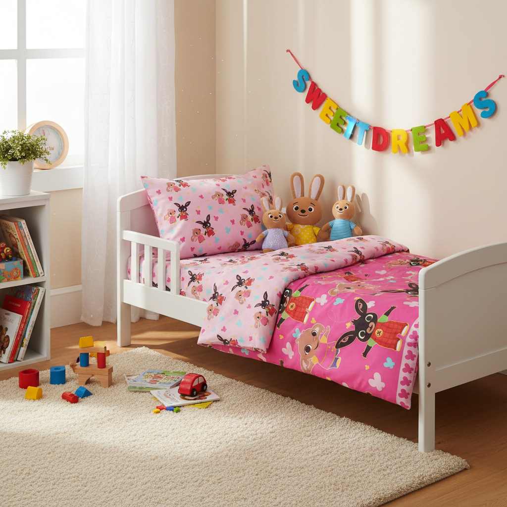 Lenzuola Bing in cameretta accogliente con giocattoli e decorazioni