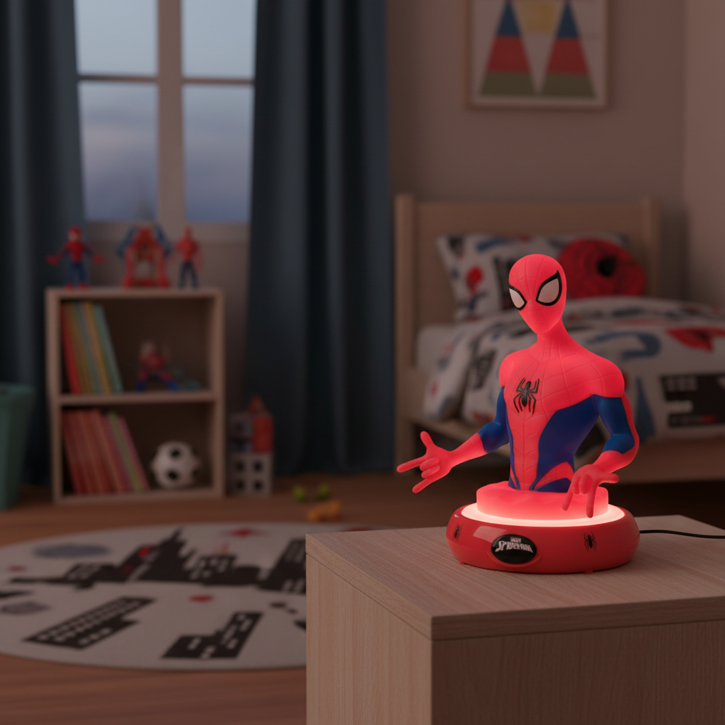 Lampada 3D Spiderman illuminata in cameretta bambini