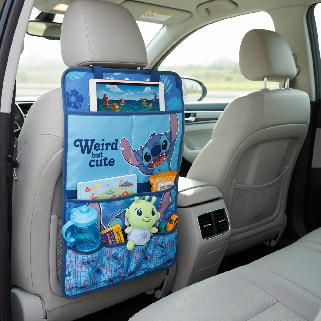 Organizer auto Stitch con tablet e tasche piene