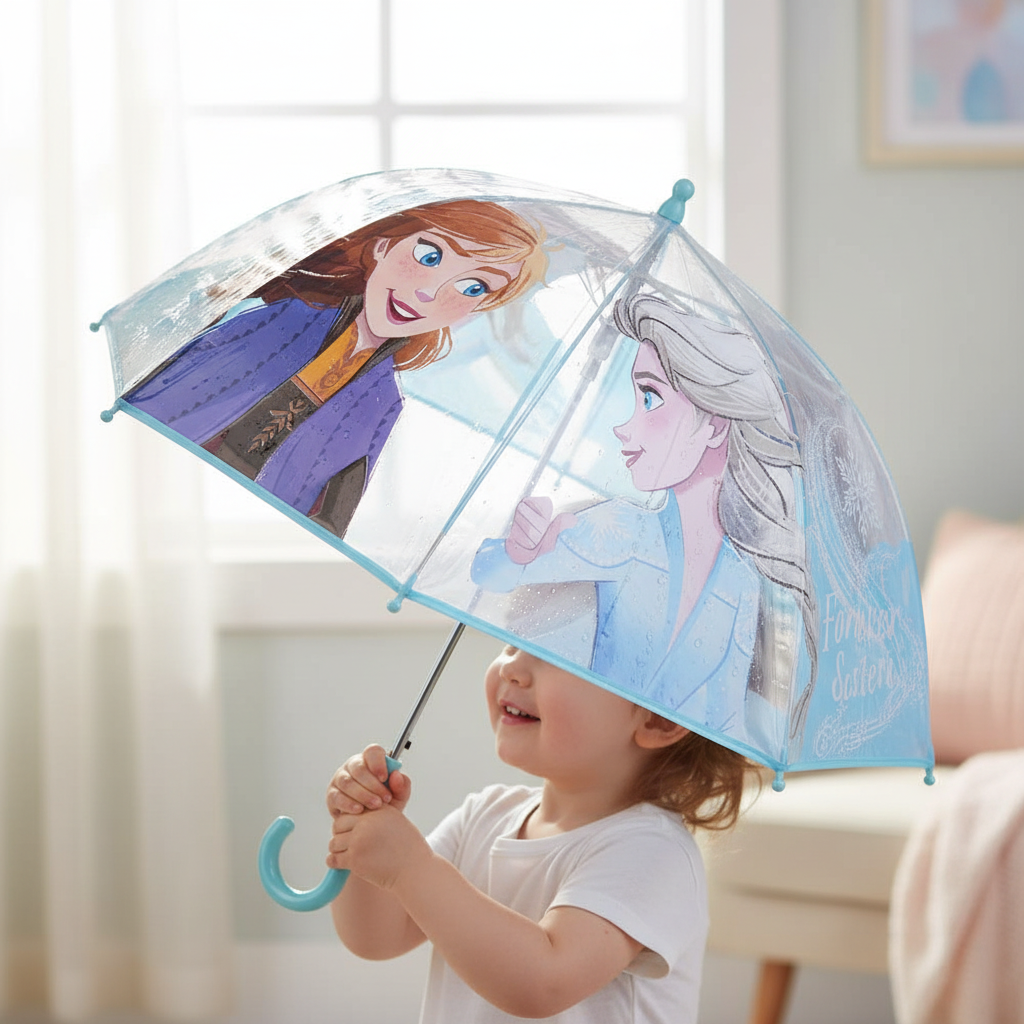 Dettaglio ombrello Frozen trasparente con Anna ed Elsa