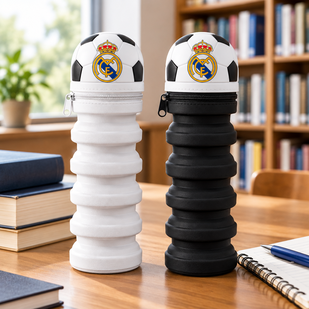 Astucci allungabili Real Madrid bianco e nero su un tavolo con libri e quaderno