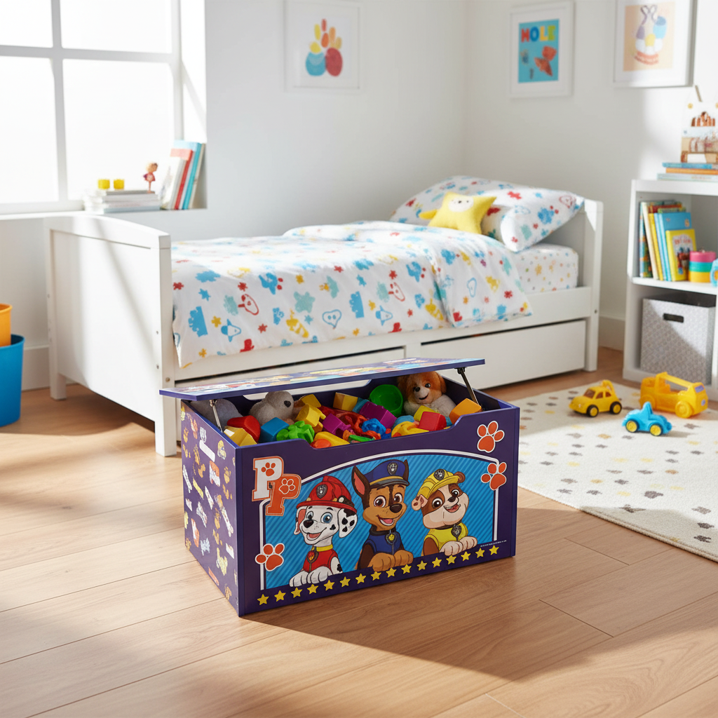 Toybox Paw Patrol in cameretta moderna con giocattoli organizzati - lifestyle