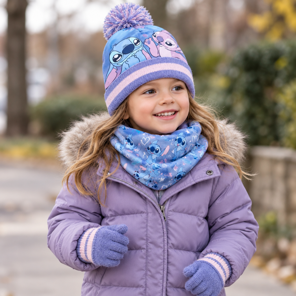 Bambino con cappello e scaldacollo Stitch blu e viola, con guanti abbinati.