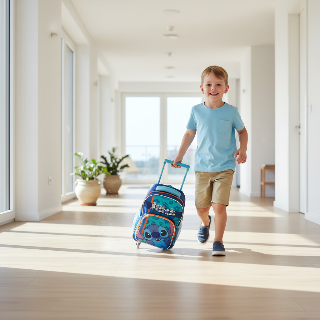 Bambino che trascina trolley asilo Stitch Lilo & Stitch in corridoio
