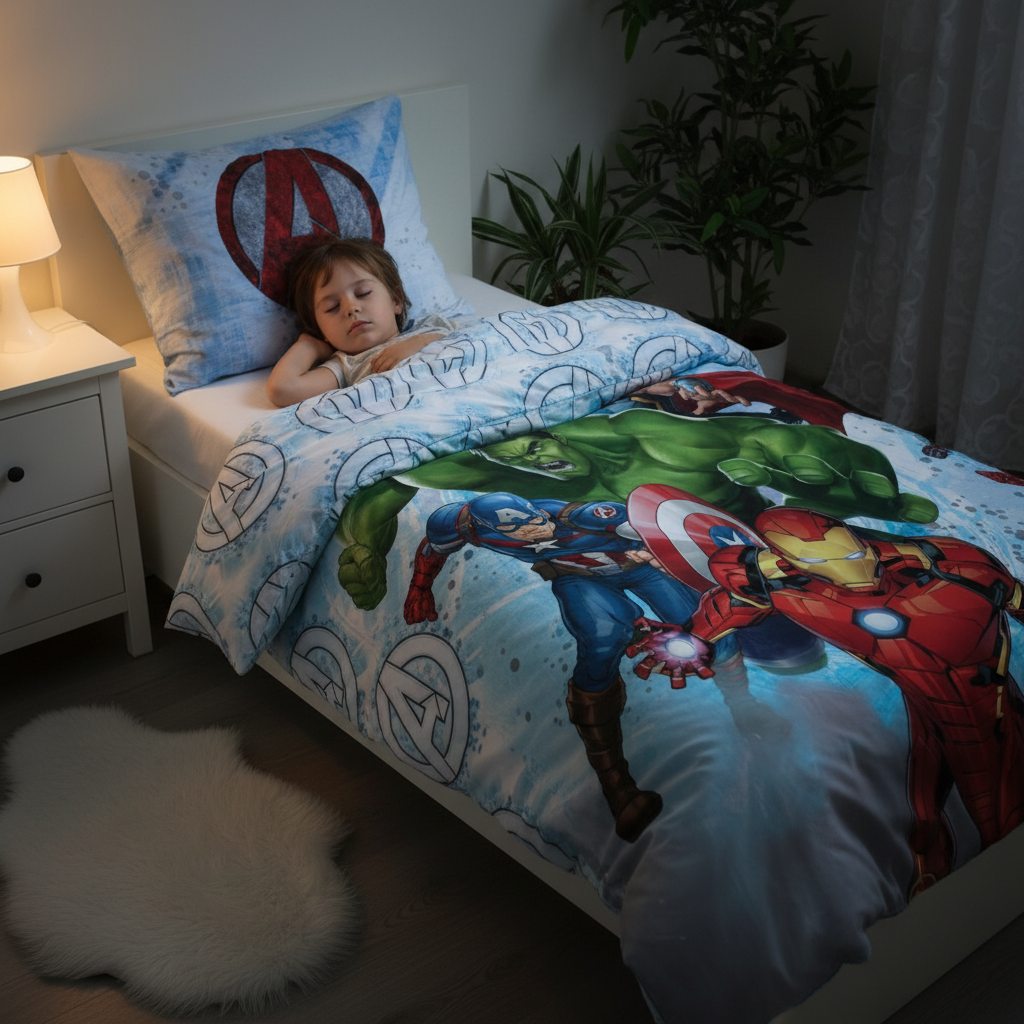 Bambino dorme serenamente con set letto Avengers doubleface