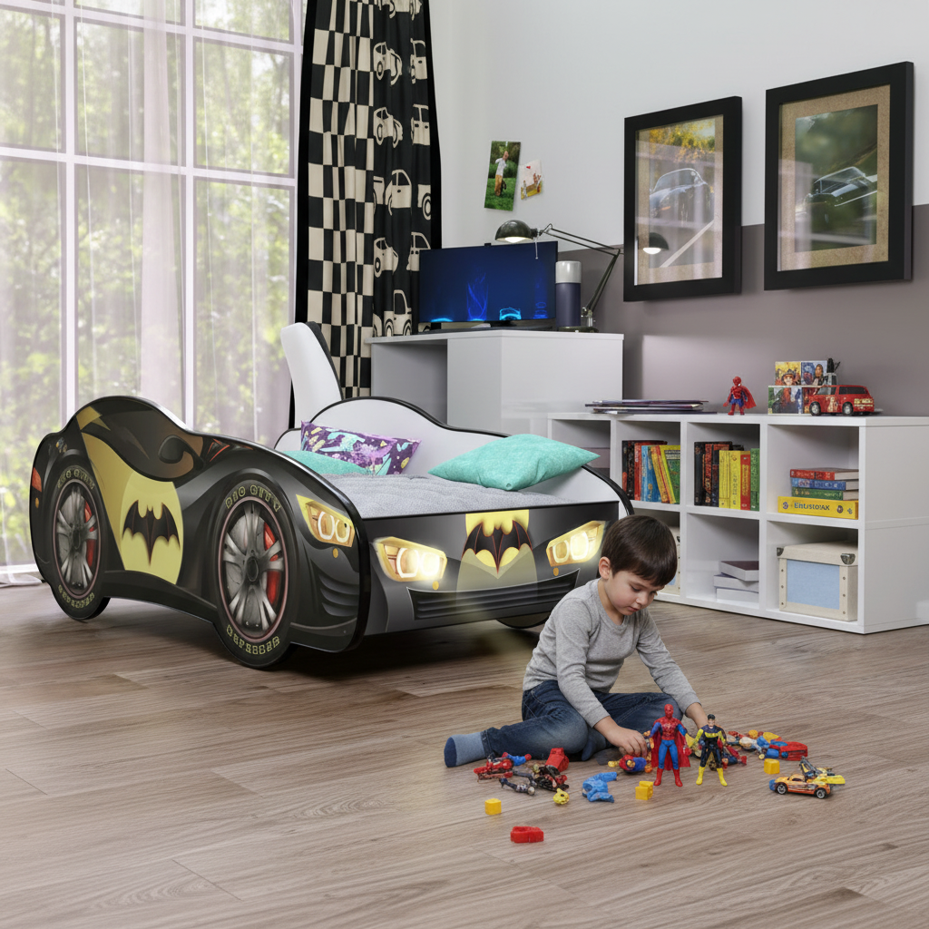 Cameretta completa con letto Batman e bambino che gioca