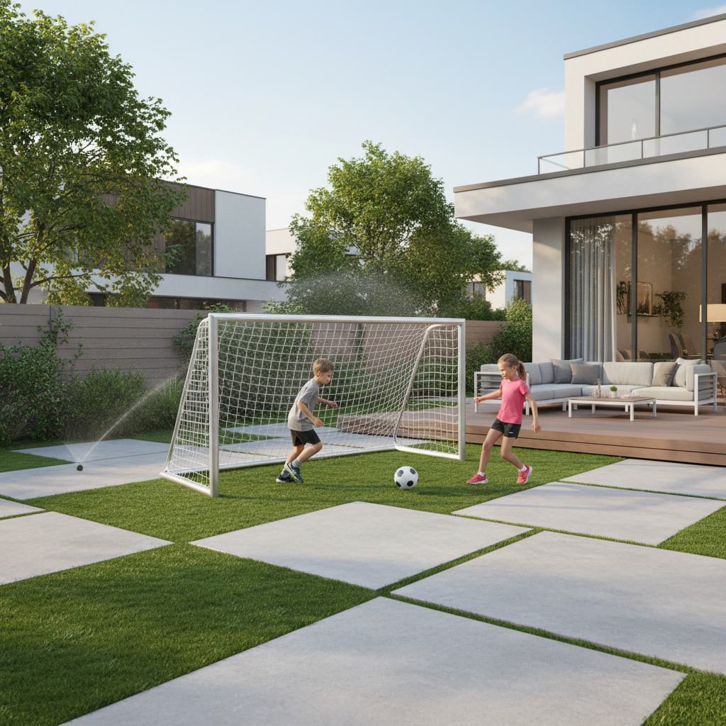 Porta calcio alluminio argento opaco in giardino moderno