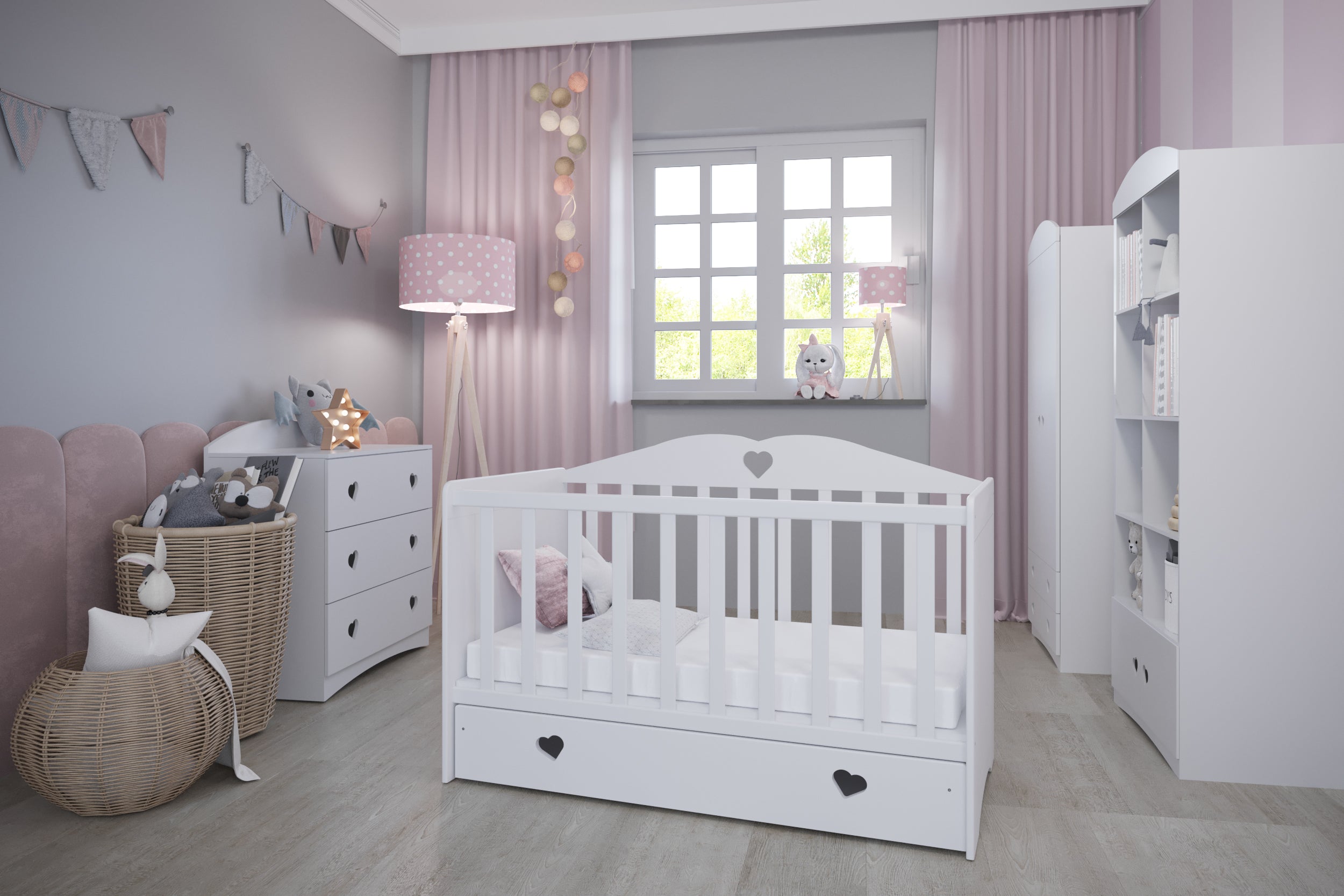 KO4Jbaby culla bambina"Julia" in legno con cassettone a rotelle