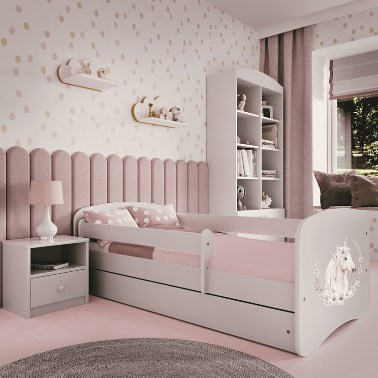 Letto per bambini babydreams white horse con cassettone e materasso omaggio 160/80