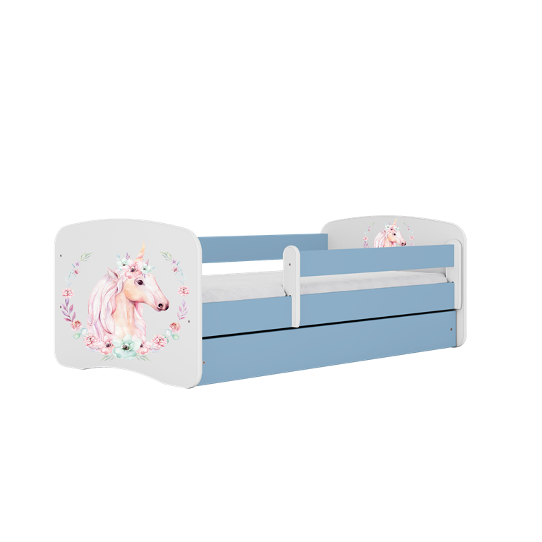 Letto per bambini babydreams blue horse con cassettone e materasso omaggio 140/70