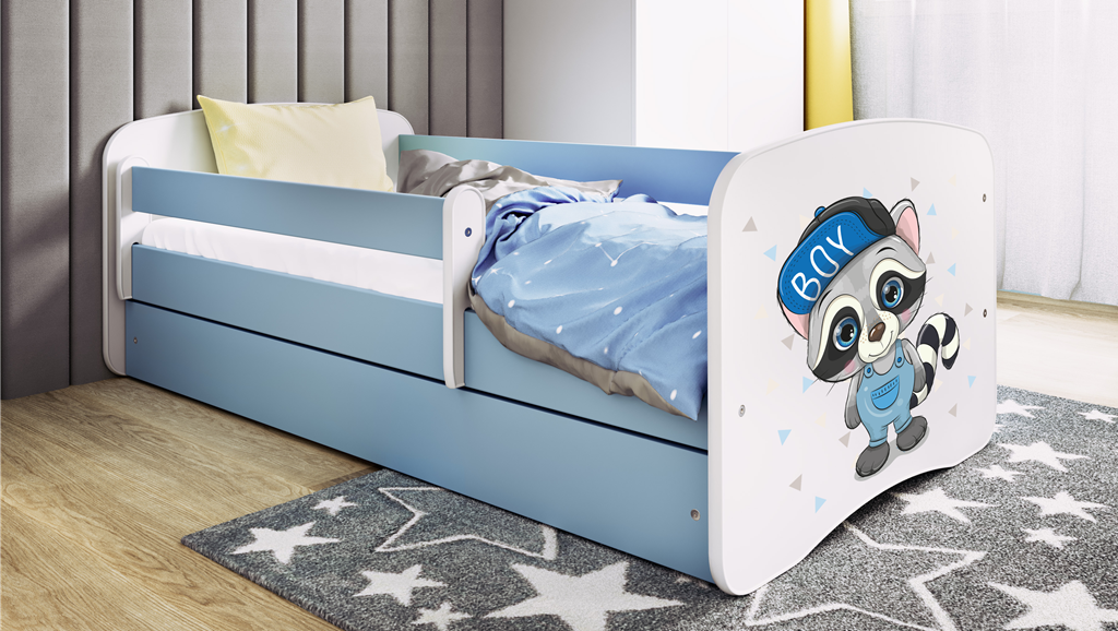 Letto per bambini babydreams blue raccoon con cassettone e materasso omaggio 140/70