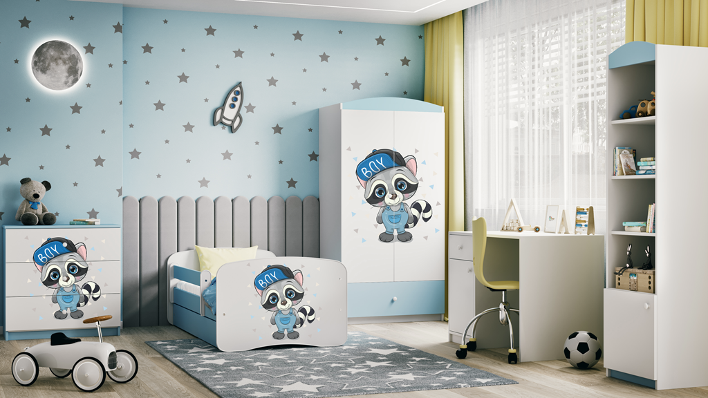 Letto per bambini babydreams blue raccoon con cassettone e materasso omaggio 140/70