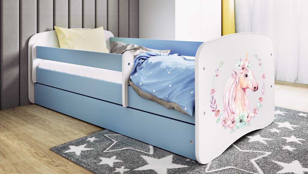 Letto per bambini babydreams blue horse con cassettone e materasso omaggio 160/80