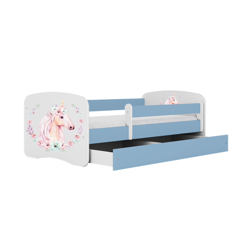 Letto per bambini babydreams blue horse con cassettone e materasso omaggio 160/80