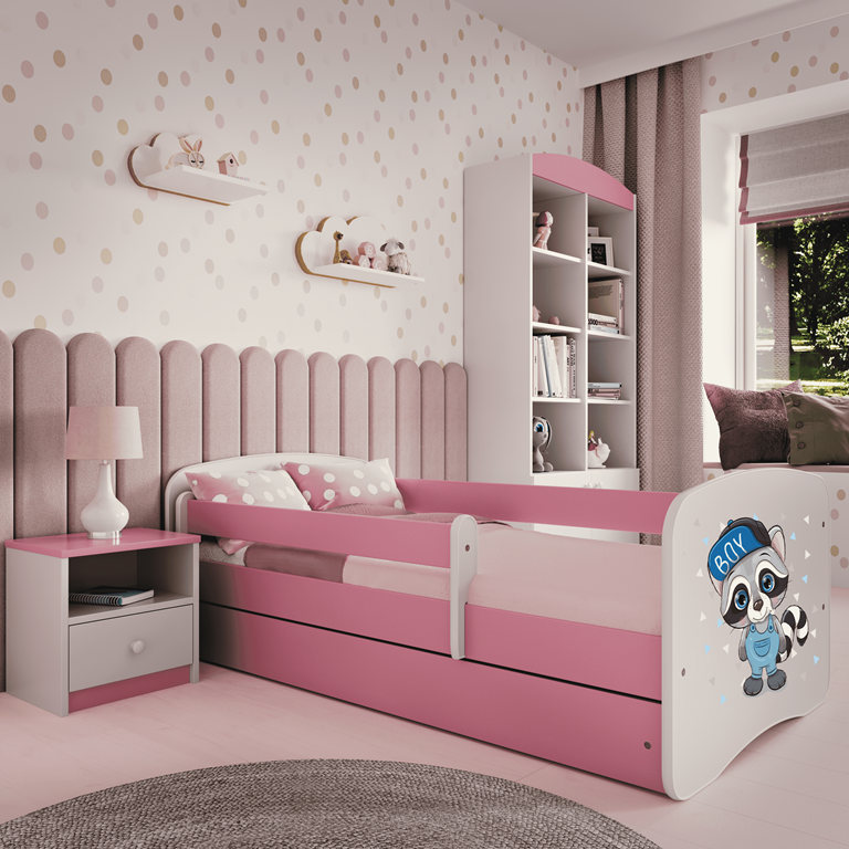 Letto per bambini babydreams pink raccoon con cassettone e materasso omaggio 180/80